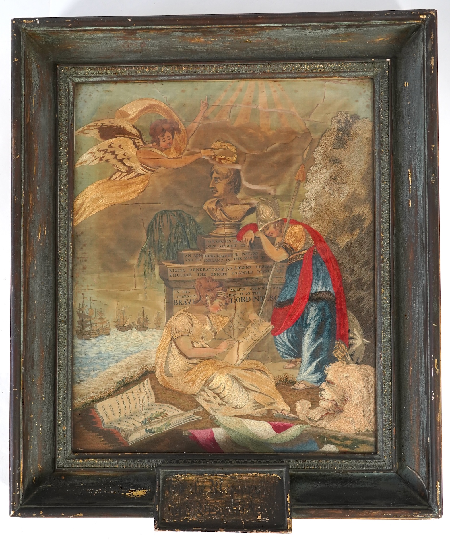Lord Nelson interest: a gilt framed Regency silk worked embroidery, commemorating the life of Lord Nelson and his tragic death, 50cm wide x 62cm high